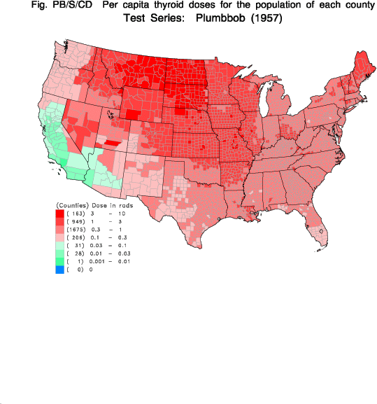 USA nuclear fallout map showing zones most affected by 1950s - 70s ...